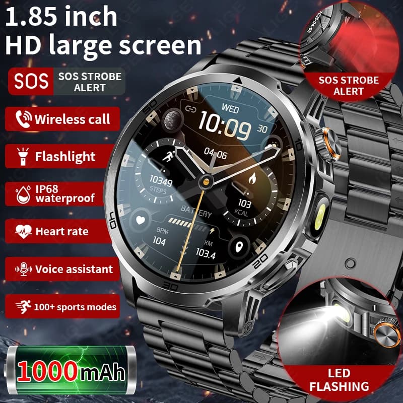 LIGE Smartwatch with 1000mAh Military Battery, LED Flashlight and SOS Red Light, IP68 Waterproof, Bluetooth Calls, Sport Watch