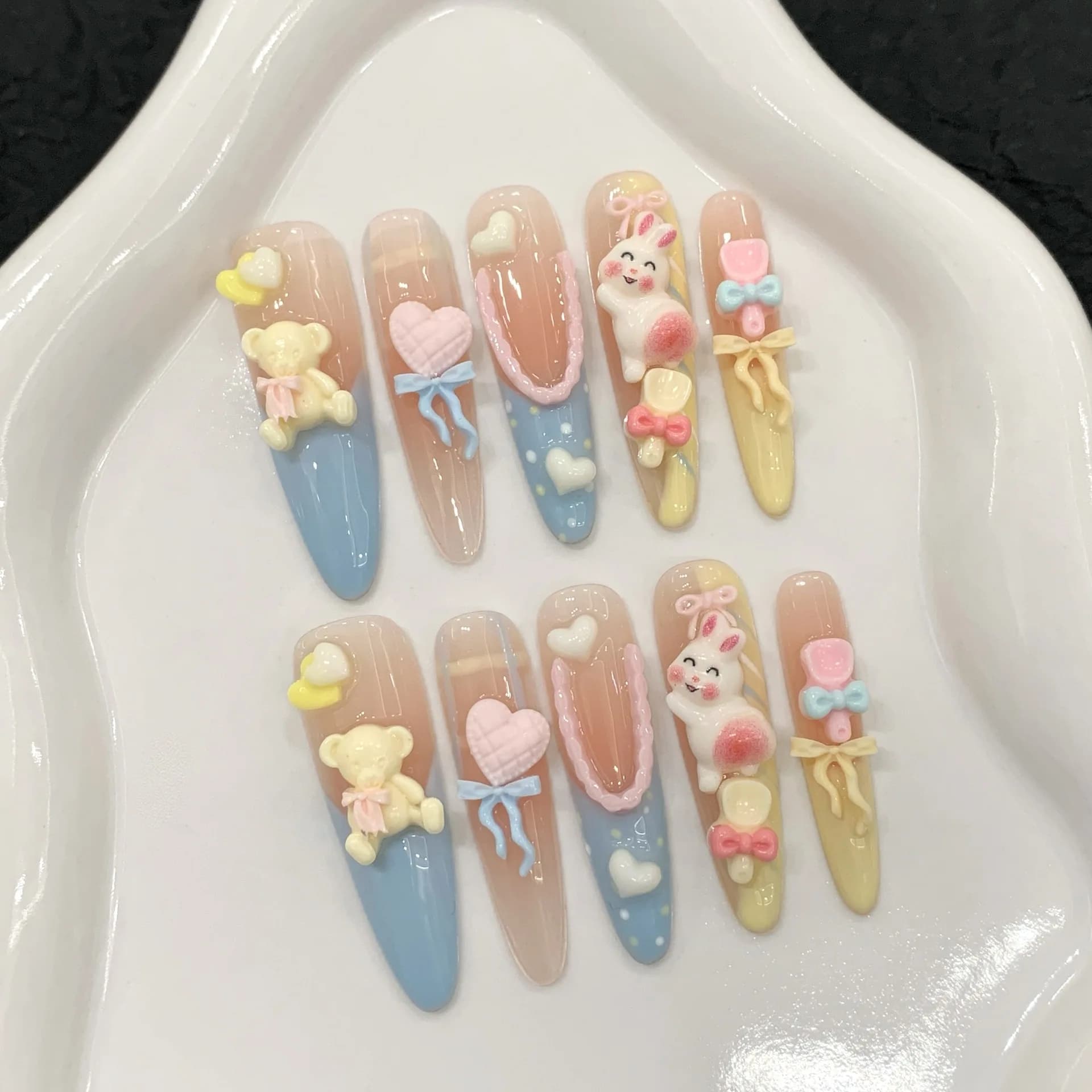 10 pieces cute bear rabbit print on blue nails yellow macaron tip french fingernails handmade fard long almond flakes fake nails