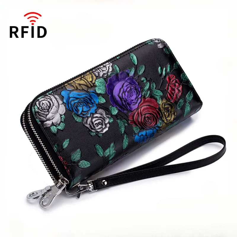 Portafoglio da donna con doppia cerniera in pelle di vacchetta con blocco RFID, dipinto a mano, con farfalla rosa, porta carte multiple per donna