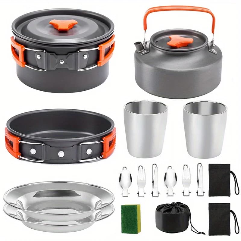 Set di pentole da campeggio da 17 pezzi, pentole portatili in lega di alluminio antiaderente, bollitore, pentola, padella, piatto, forchetta, coltello, cucchiaio, adatto per campeggio, backpacking, cucina all'aperto