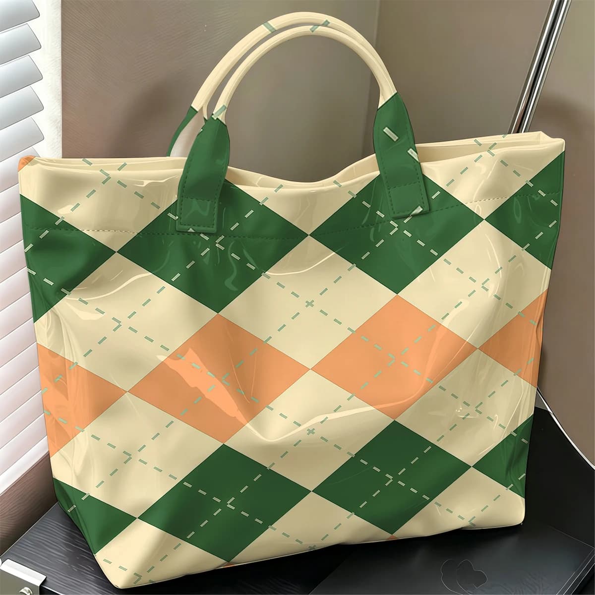 Argyle Check Fashion Large Glossy PVC Tote Bag Hand Washable Waterproof Perfect Travel Commute Cosmetic Storage Shopper