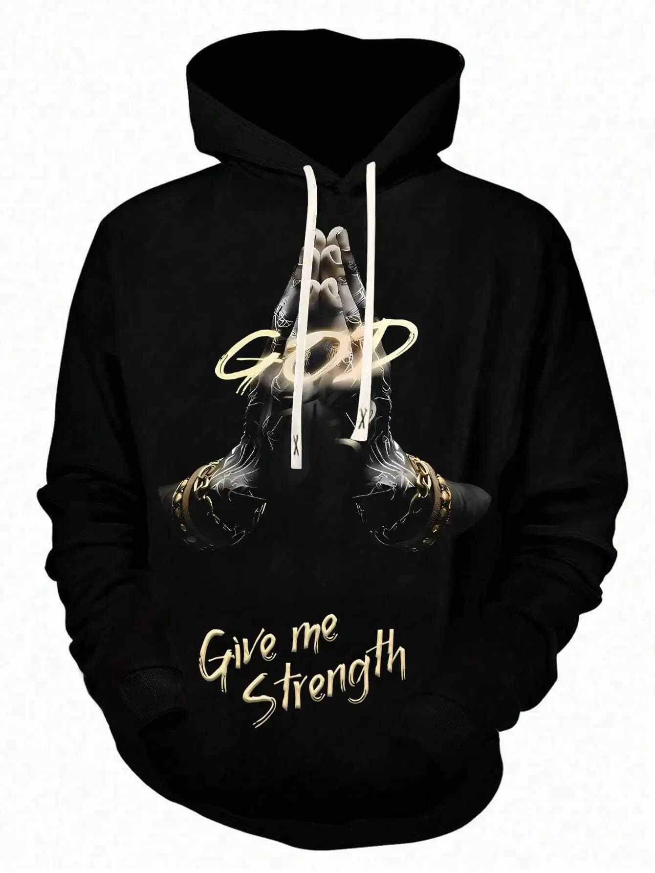 Felpa con Cappuccio Nera con Stampa Grafica e Design Mani in Preghiera, Stile Gotico, Abbigliamento Casual Autunnale