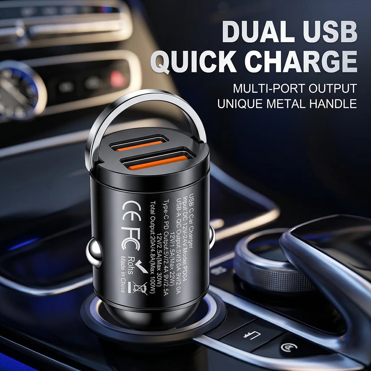 Caricabatterie Auto 100W a Ricarica Rapida, Mini Adattatore da Cruscotto con Doppia Porta USB-A QC e Anello di Estrazione, Sicuro per iPhone 17 16