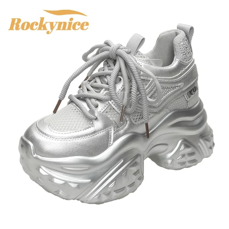 10CM Women Casual Platform Sneakers Mesh High Heels New Summer Sports Leather Shoes Bling Trainers Chunky Sneakers Zapatos Mujer