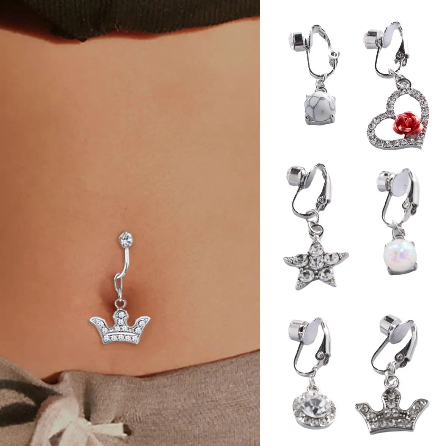 Heart Shaped fake belly ring Clip for piercing to the fake punk navel on clip for umbilical navel cartilage on jewelry earrings