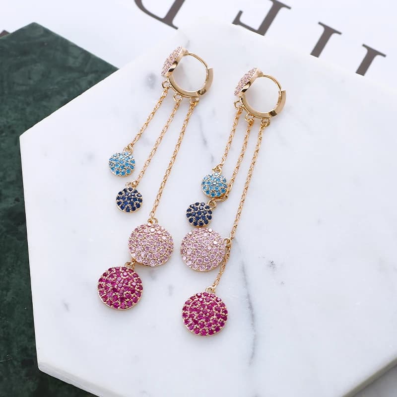 SENYU Round Piece Sweet Tassel Earrings for Women Exquisite Cubic Zirconia Shiny Long Earring Wedding Bride Jewelry