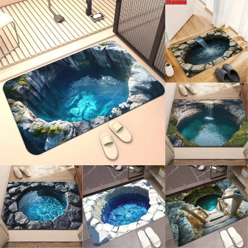 Tappeto d'ingresso antiscivolo con illusione ottica 3D a tema piscina e grotta, divertente tappeto scherzoso per la decorazione della casa