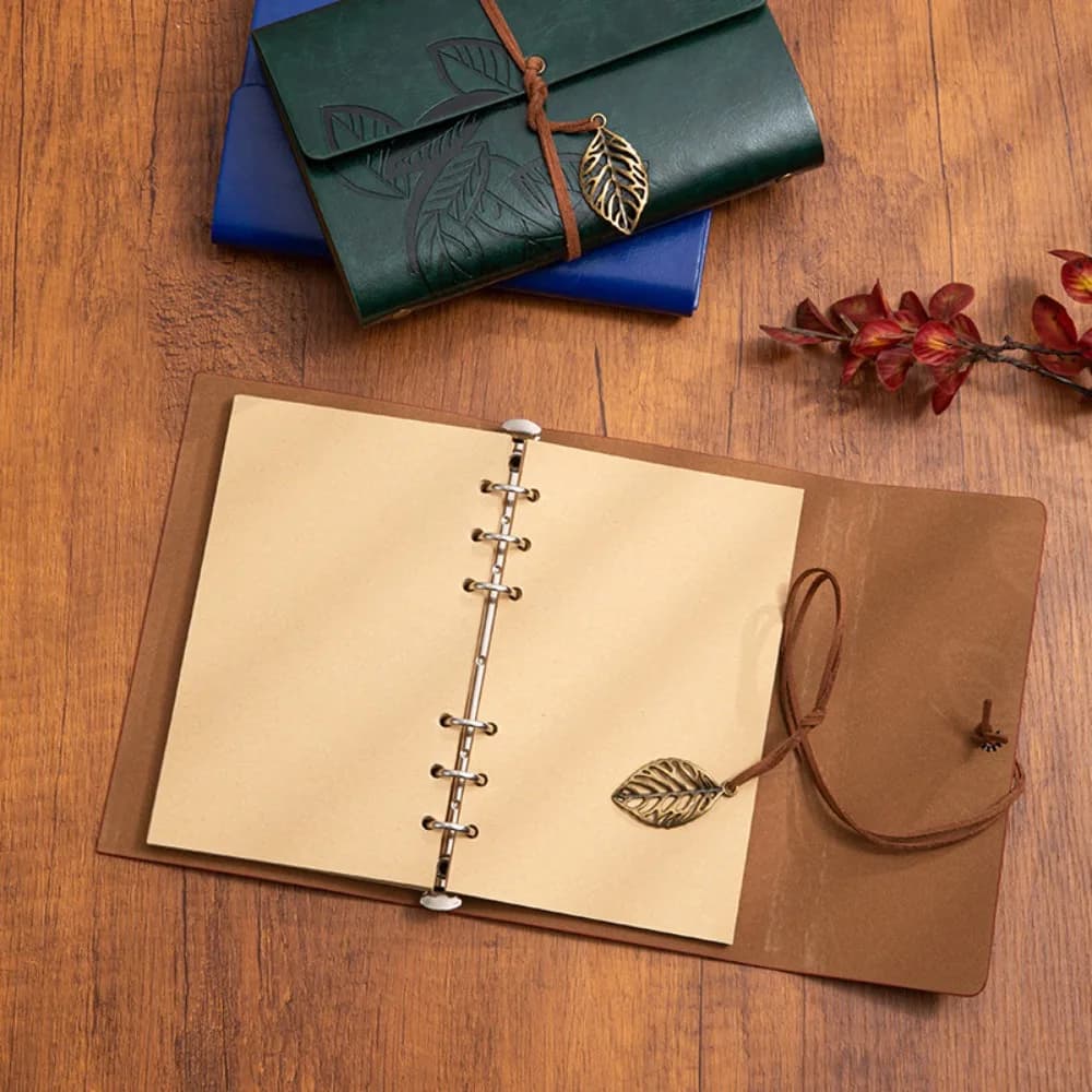 Retro Creative Leather Loose-Leaf Notebook with Strap Leaf A6 Journal Travel Diary