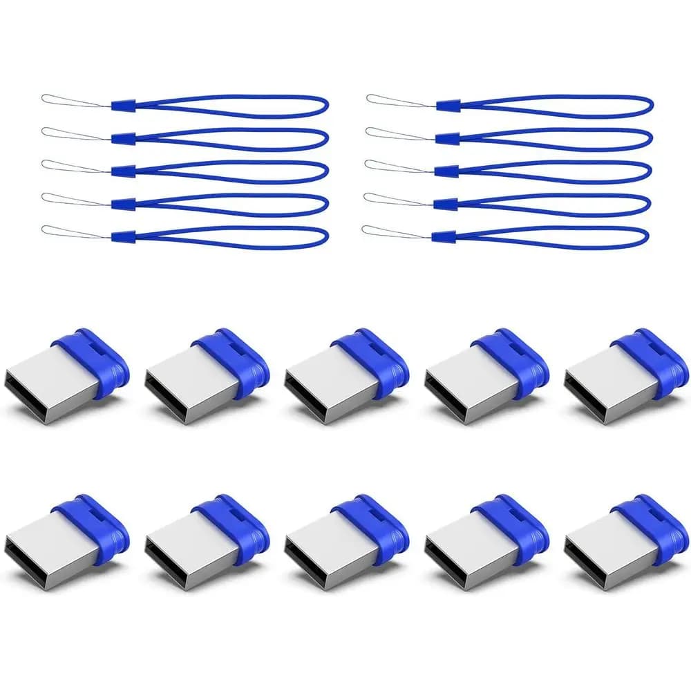 Confezione da 10 chiavette USB mini da 32 GB con cordino, a basso profilo per PC e laptop (blu)
