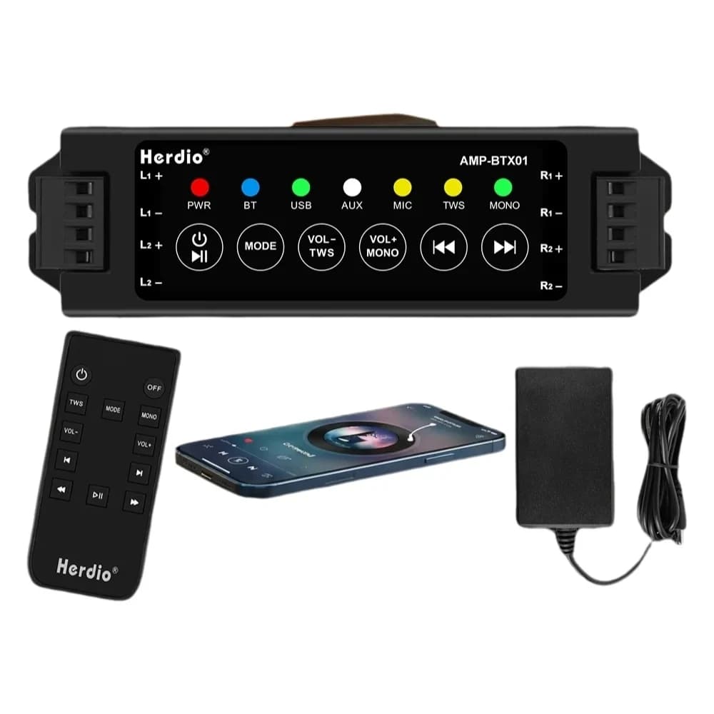 Amplificatore Audio Bluetooth a 4 Canali Herdio con Telecomando per Altoparlanti da Parete/Soffitto per Bagno Compatibile con EU/US/UK/AU