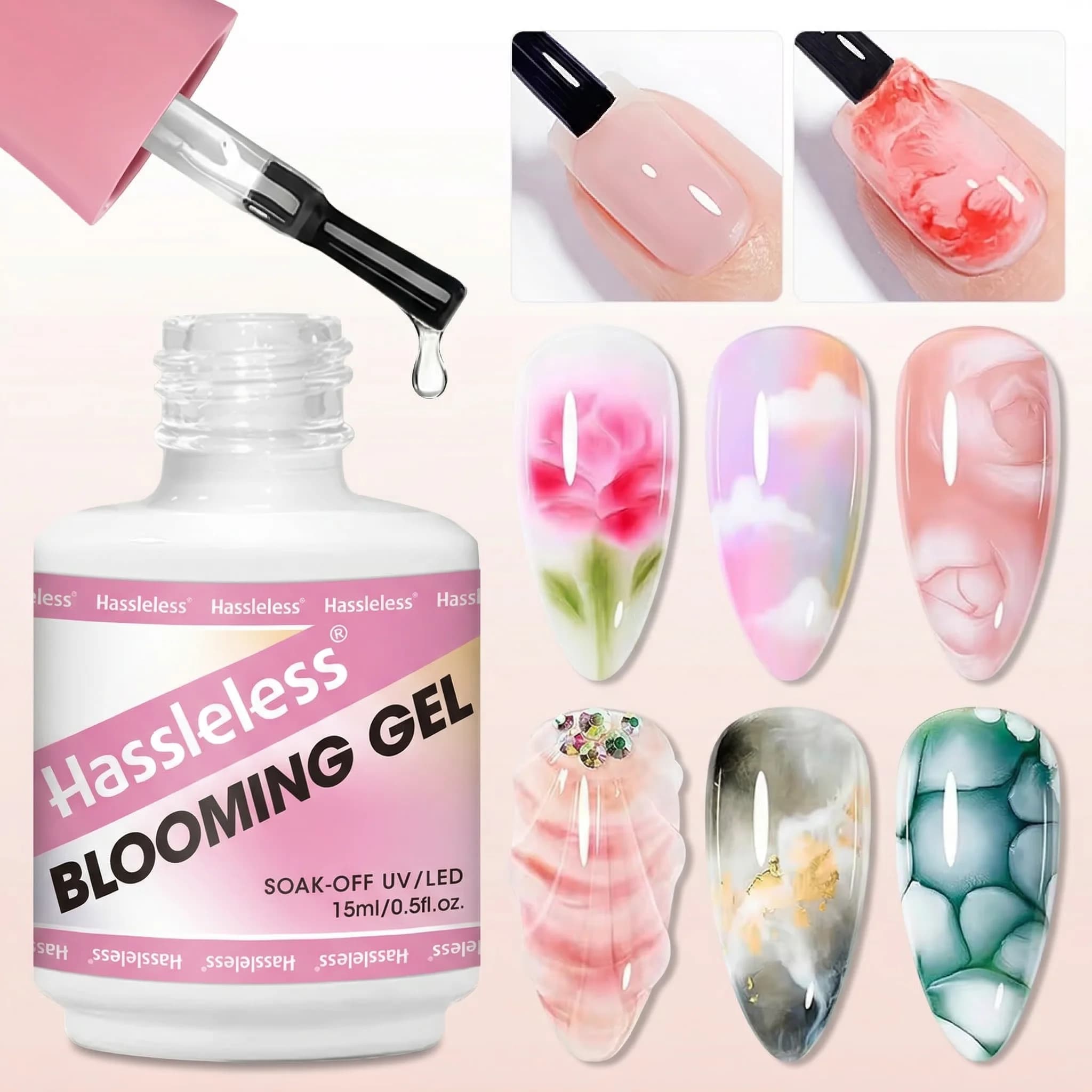 Questo gel per unghie da 15 ml è un gel funzionale con effetto blooming che esalta l'artisticità e la bellezza dell'art nail art. È così