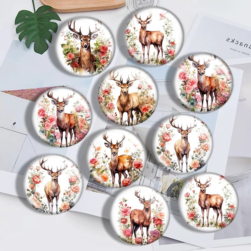 Floral Deer Watercolor 10pcs mix 12mm/18mm/20mm/25mm Round photo glass cabochon demo flat back Making findings