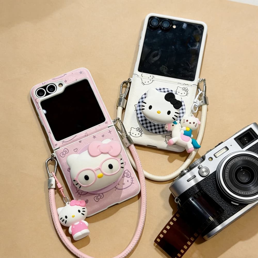 Custodia in pelle Sanrio Hello Kitty con supporto magnetico Grip Tok e ricarica wireless MagSafe per Samsung Galaxy Z Flip 7 6 5