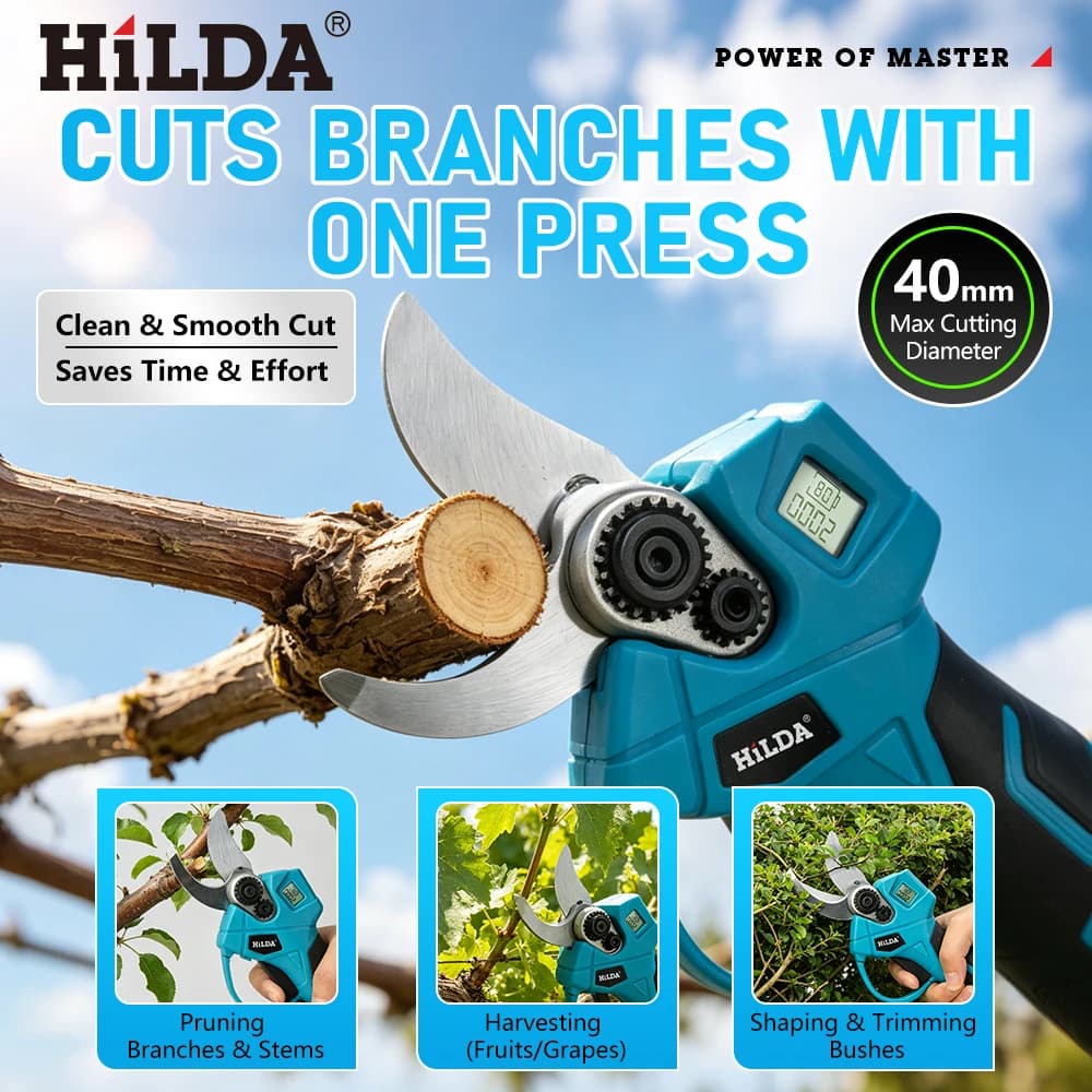 HILDA 21V Electric Pruning Shears Cut SK5 Steel Blade Digital Display Garden Pruner Tree Branch Cutter for Makita battery