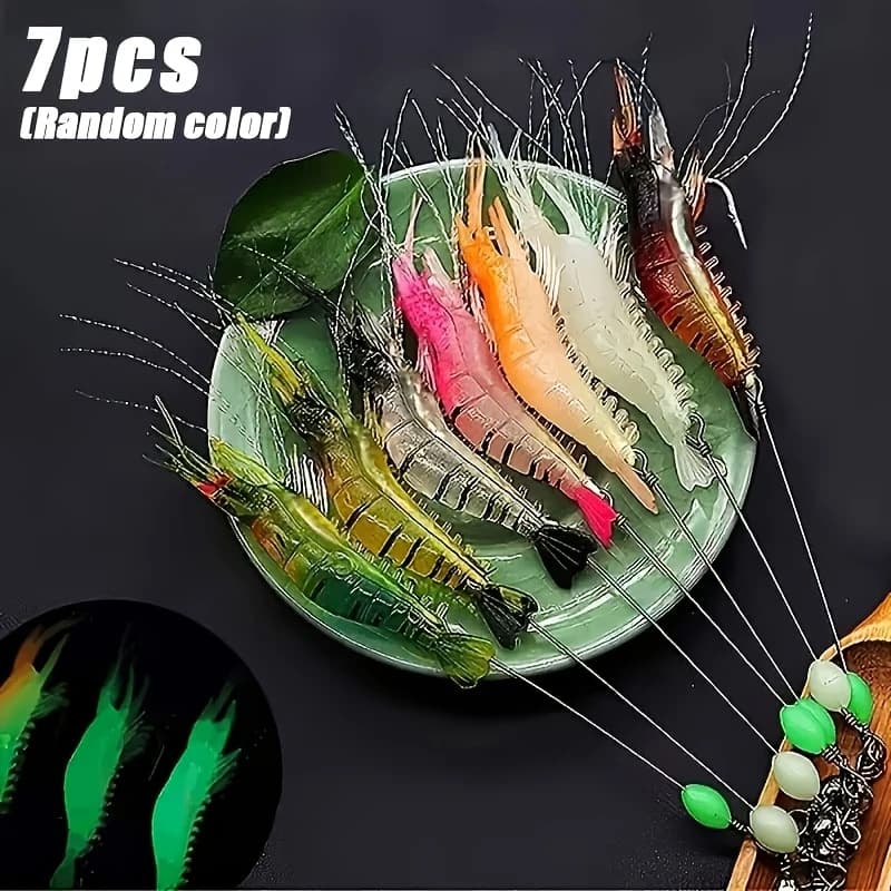 Set di 7 Esche Artificiali Realistiche a Forma di Gamberetto in PVC Morbido per Pesca in Acqua Salata e Dolce, per Spigola, Trota e Altri Pesci
