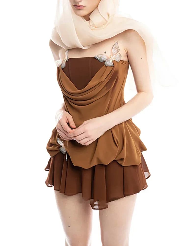 Mini abito sexy senza spalline con pieghe a blocchi di colore con patchwork a farfalla da donna Abiti slim senza maniche senza schienale marroni Abiti da sera