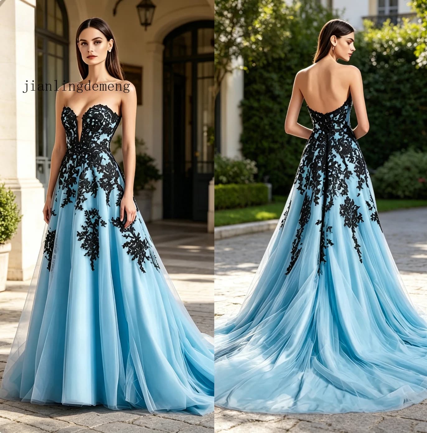 Light Blue Black Lace Elegant Prom Dress Evening Gown Strapless Deep V Neck Tulle A-Line with Train Wedding Gala Customized