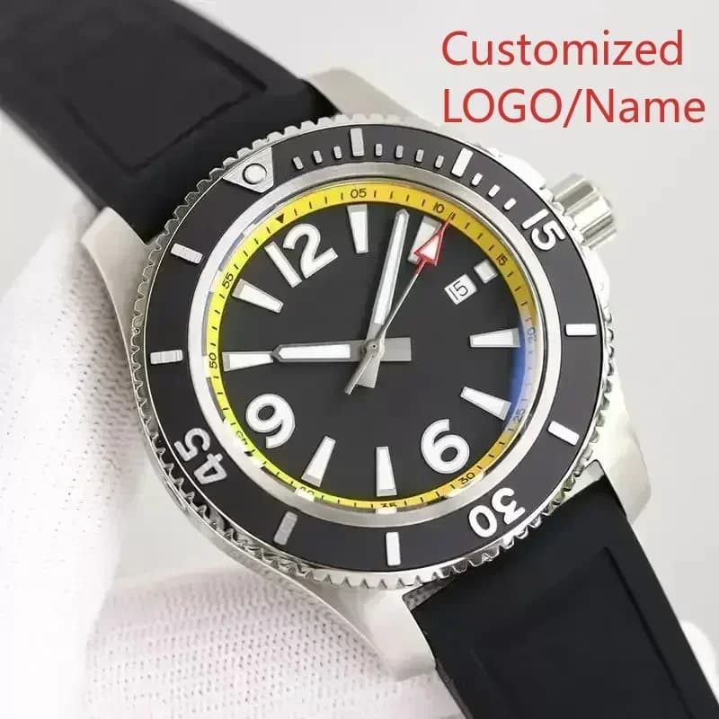 Personalized watch A11 Store, Men's Watches, Black Bright Blue, Stainless Steel Rotating Iron, Automatic mechanical with Rubber Strap