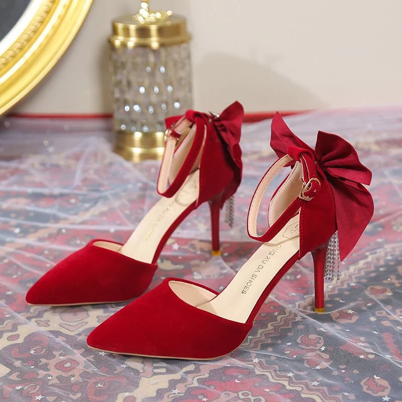 High Heels Stiletto Pointed Toe Bow Sandals 2025 Summer New Suede Sexy Women's Shoes
