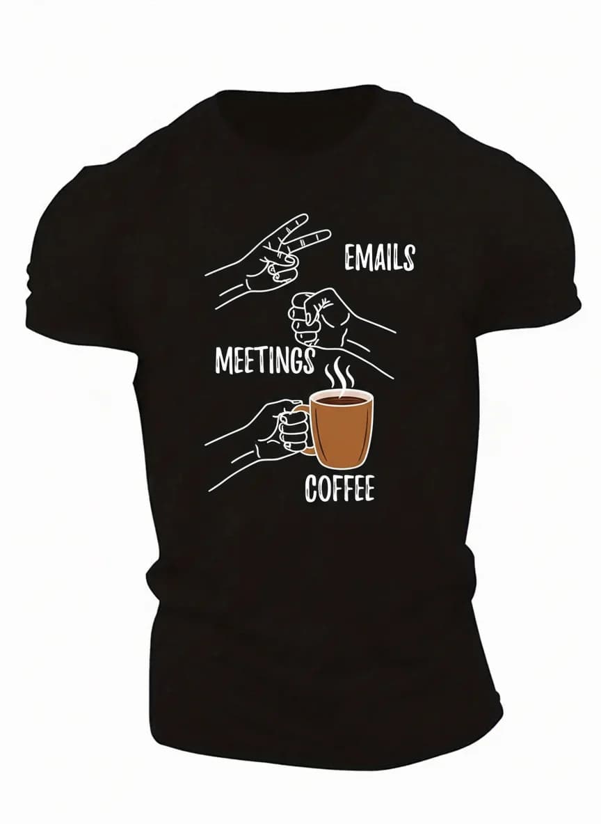 T-shirt grafica casual a maniche corte da uomo - T-shirt estiva da uomo con girocollo divertente "Emails Meetings Coffee" con stampa di gesti delle mani