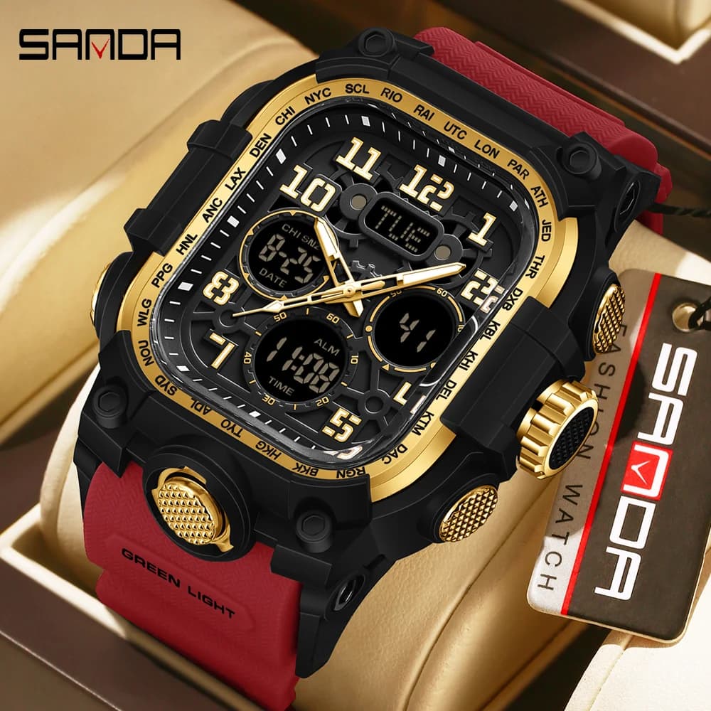 Orologio sportivo impermeabile di lusso da uomo di marca SANDA, display a LED, allarme al quarzo luminoso, data, orologio da polso in stile militare per uomo
