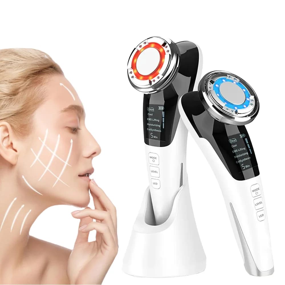 Dispositivo per la bellezza del viso a microcorrente con massaggio caldo e freddo Luce rossa blu Viso Collo Pelle Stringere la macchina Strumento per la pulizia profonda dei pori