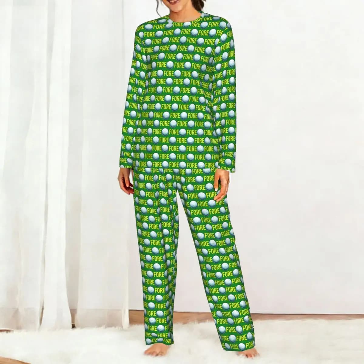 Golf Ball Hexagons Pattern Round Neck Long Sleeves Nightdress for Sleeping Sleepshirts Women Loose Pajama Set Long Pants