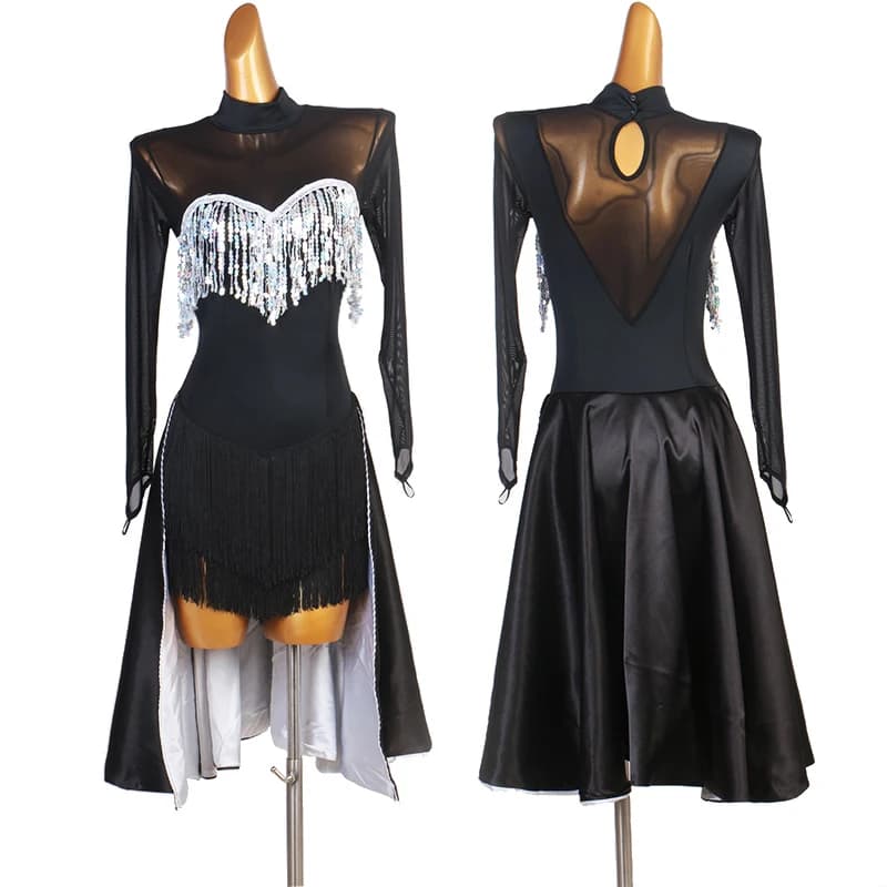 Abito nero con frange da ballo latino per donna Abito da prestazione a maniche lunghe Tango Rumba Cha Cha Abbigliamento da palcoscenico VDL4264