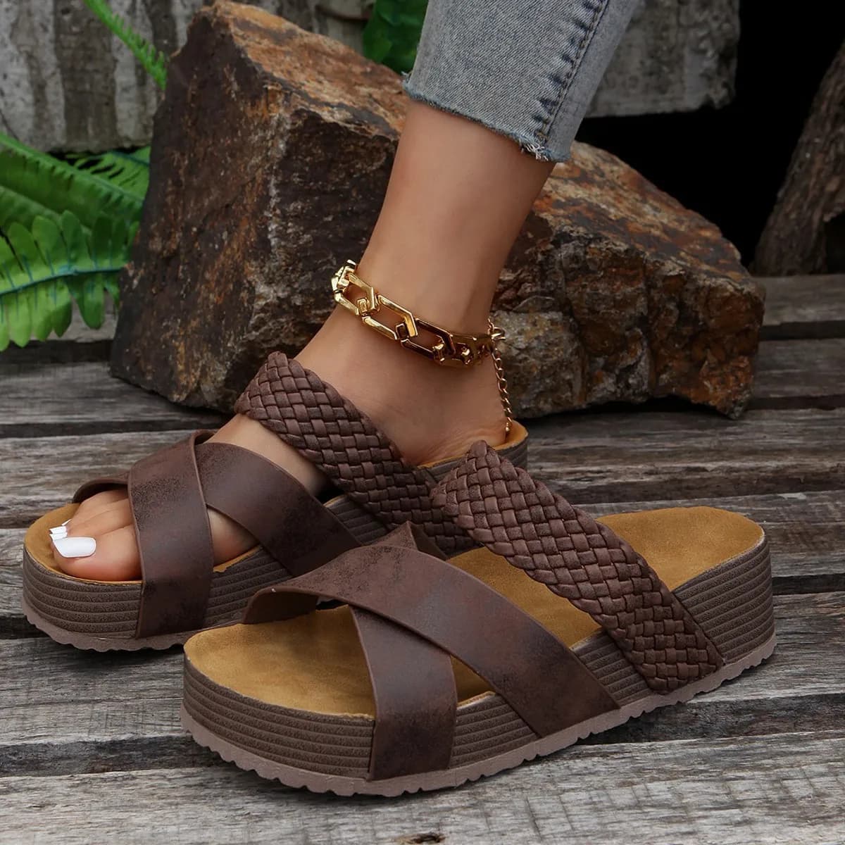 Sandali con zeppa da donna, estivi, con suola spessa, ciabatte intrecciate con cinturino incrociato, infradito aperte, comode per l'outdoor, taglie forti