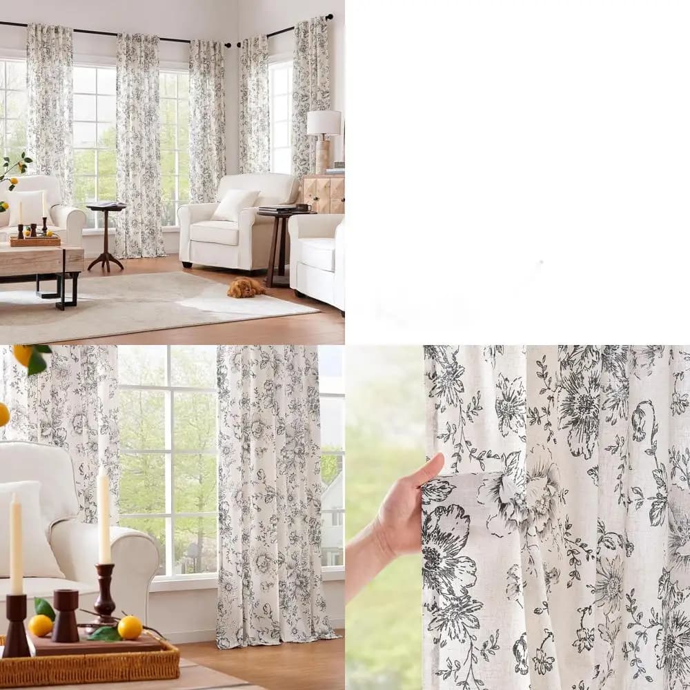 Tende in Misto Lino con Motivo Floreale, Lunghezza 244 cm, Stampa Peonia Nera, Stile Rustico, Set 2 Pannelli per Soggiorno e Camera da Letto
