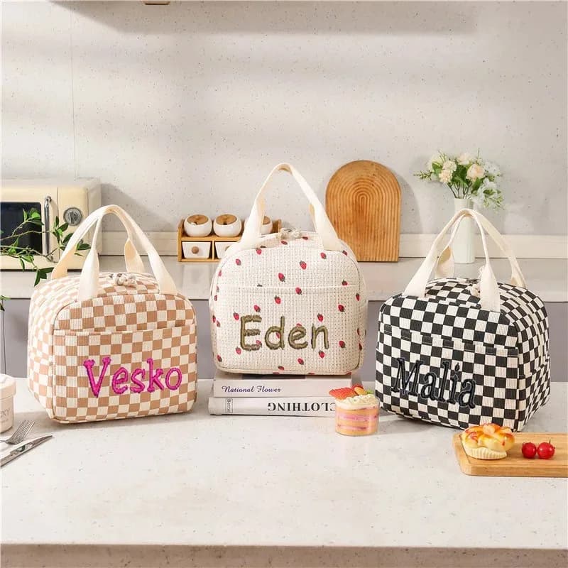 Borsa per il pranzo in velluto a coste con nome personalizzato personalizzato, isolamento termico, scatola per il pranzo per la scuola dei bambini, dispositivo di raffreddamento per picnic, borsa per alimenti