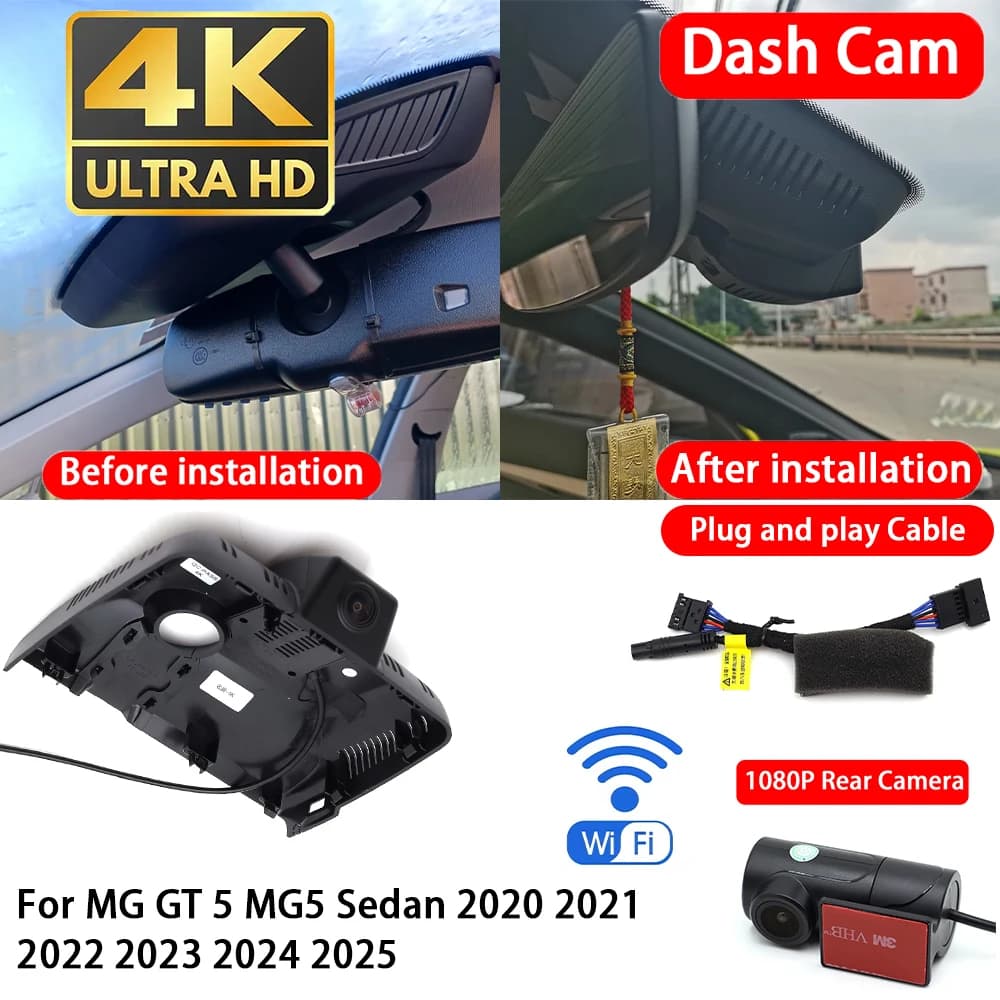 for MG GT 5 MG5 Sedan 2020 2021 2022 2023 2024 2025 4K 2160P Dash Cam Front Rear Car Camera DVR Wifi Plug & Play Video Recorder