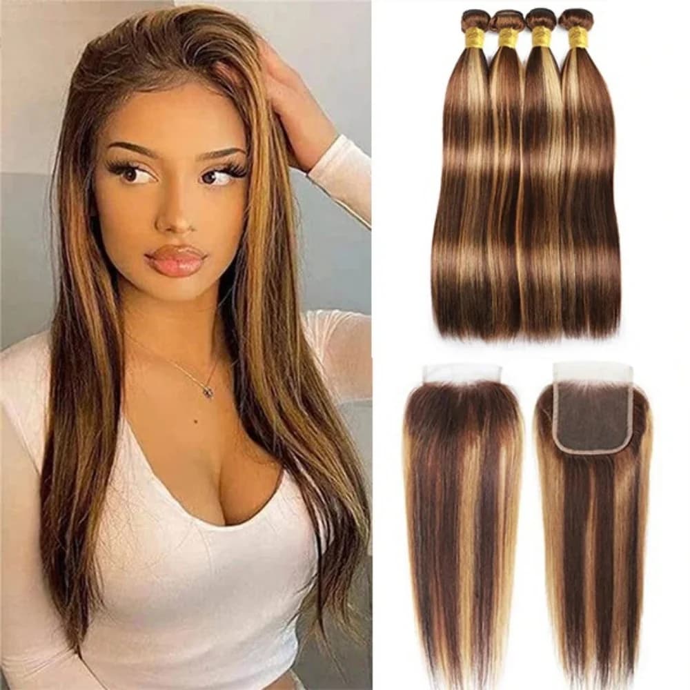 Fasci di capelli umani con evidenziazione biondo miele con chiusura P4 / 27 fasci lisci con chiusura in pizzo 4x4 tessuto di capelli umani grezzi