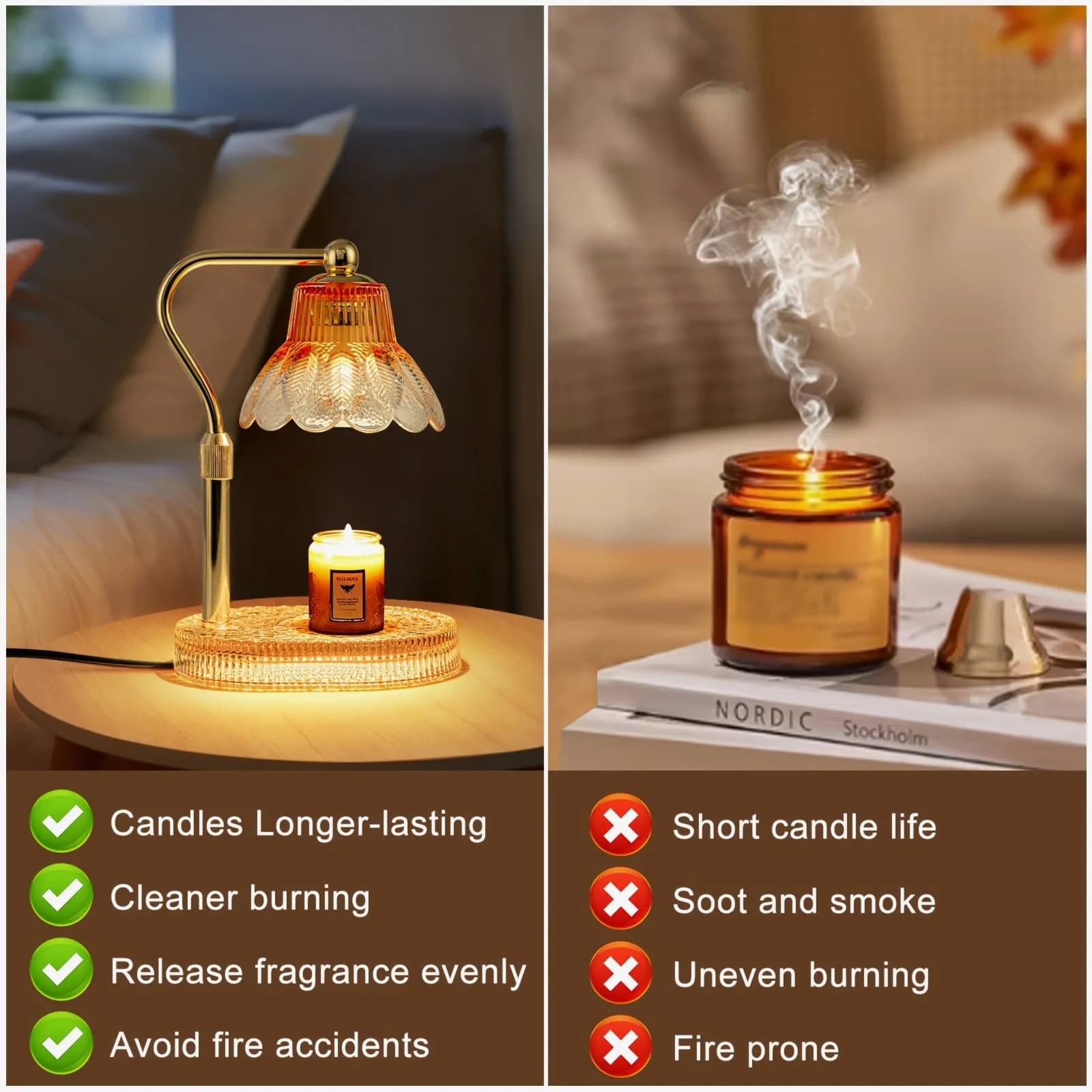 Dimmable Candle Warmer Lamp with 4H Timer | Floral Glass Design for Jar Candles | Flame-Free Wax Melting | Soft Ambient Table Li