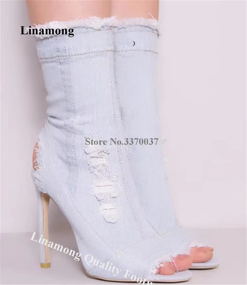 New Fashion Women Open Toe Slim Style Denim Short Boots Blue White Jean High Heel Boots Cut-out Fringe Boots