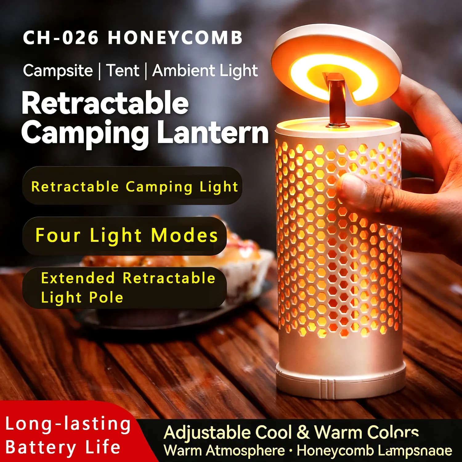 Lanter da campeggio multifunzionale ricaricabile 28 Lanterna LED ad alta luminosità telescopica luce bicolore 180 ° Girevole con gancio