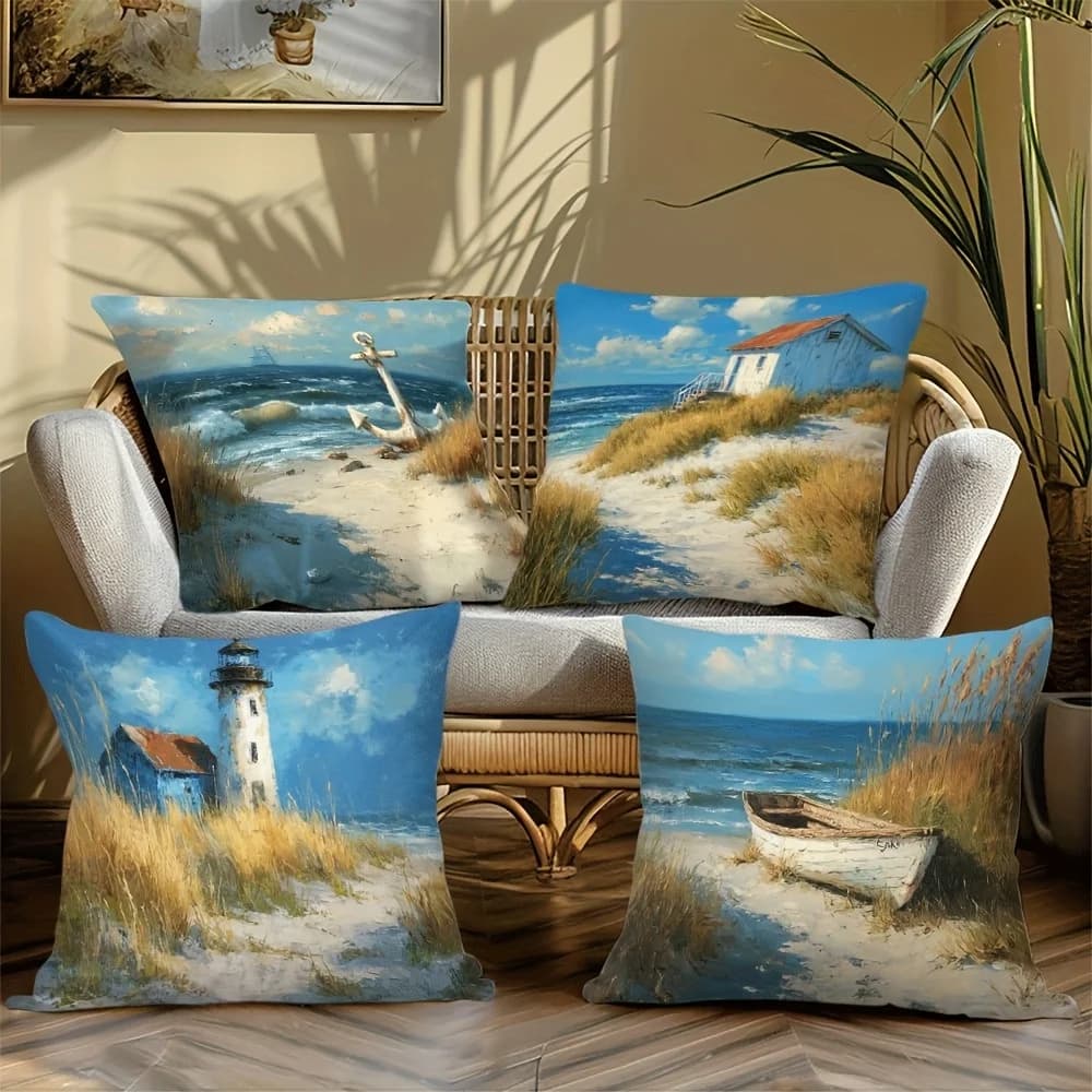 Set di 4 Federe Decorative con Scenari Marini in Velluto e Poliestere, Motivi Ancora, Faro e Barca, Cuscini Decorativi per Arredamento Casa