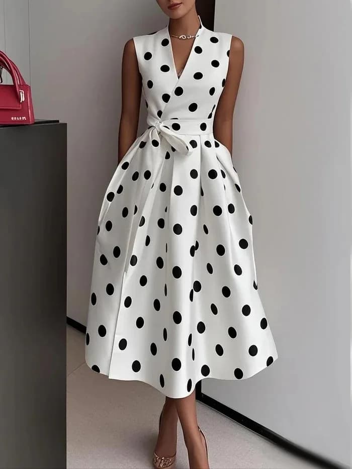 Women's Polka Dot Sleeveless Dress V-Neck Wrap Bodice Waist Belt Tie Pleated Dress Side Pockets Elegant Party & Office Outfit