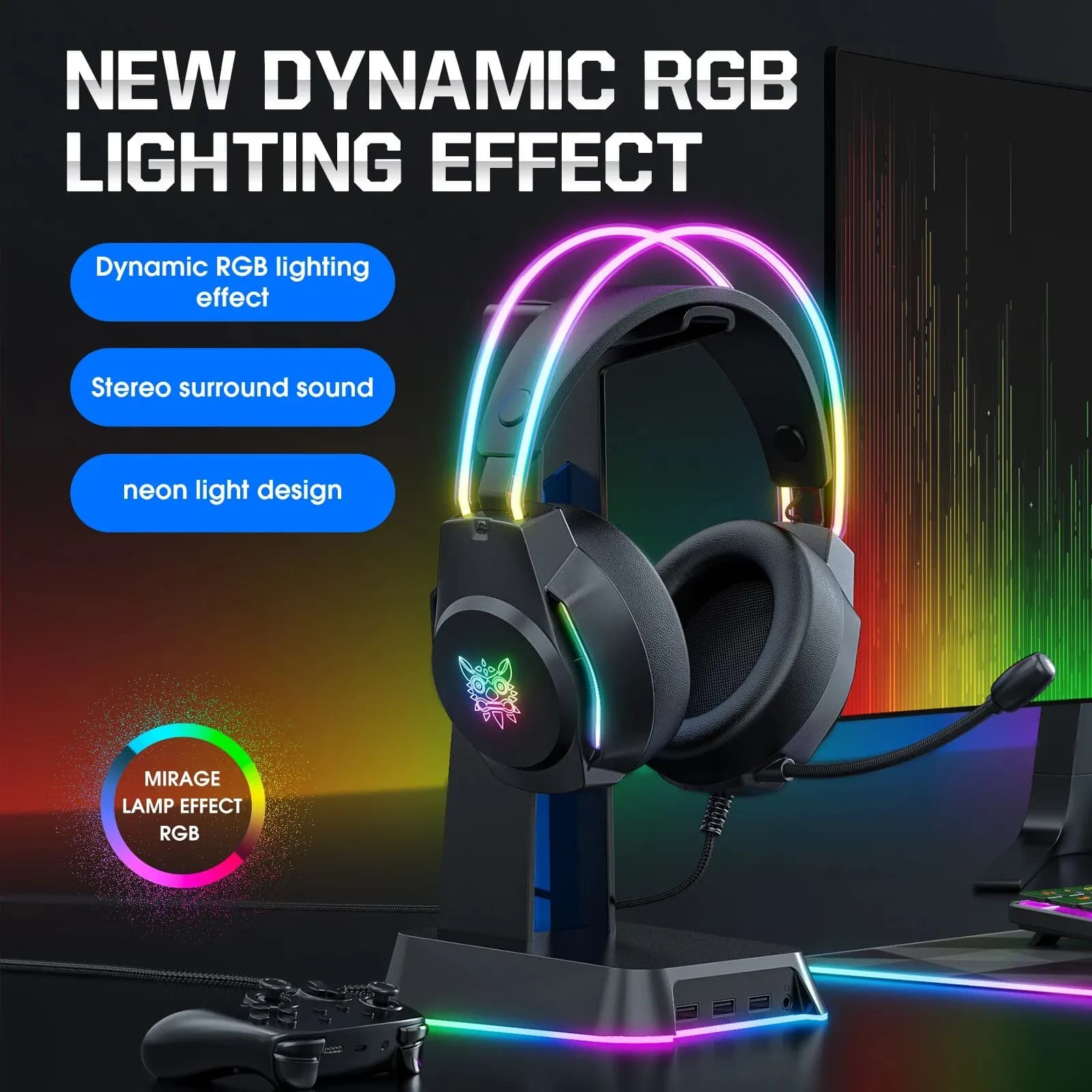 ONIKUMA Gaming Headset Wired Headphones Player PC PS4 with RGB Light HD Flexible Microphone Earphone for Xbox PS5 Computer Games