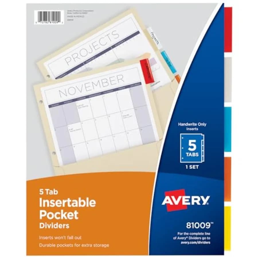 Insertable Dividers with Pockets, 5 Tab Dividers for 3 Ring Binders, Manila Paper, Multicolor Tabs, Works with Sheet Protectors