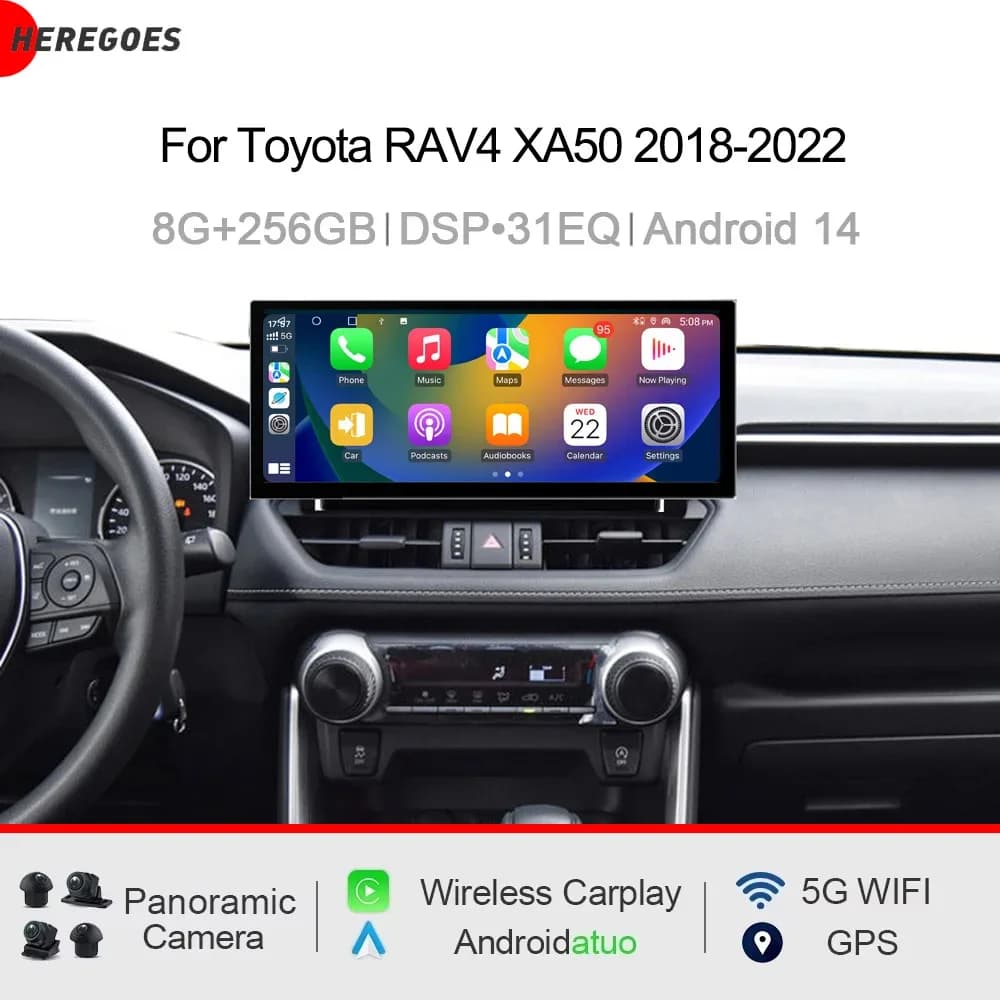Autoradio 12.3" QLED 720P 8G+256G con Carplay Android 15.0, GPS, DSP, WIFI, Navigazione per Toyota RAV4 XA50 2018-2022