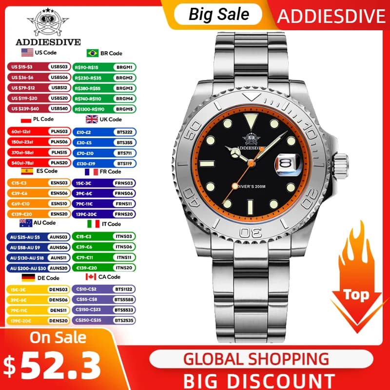ADDIESDIVE 41mm Japan2115 Orologio al quarzo da uomo 200m Orologio da polso impermeabile BGW9 Lunetta in ceramica luminosa Acciaio 316 Uomo Orologi di lusso