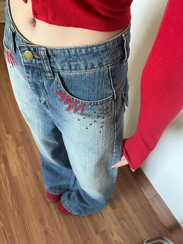 Retro American Embroidered Bamboo Knot Pattern Wide Leg Jeans Women's Loose Straight Cut Denim Pants Autumn Winter Fashion