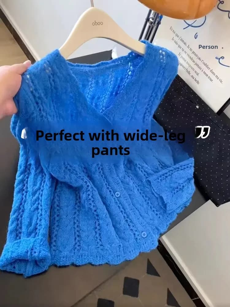 Cardigan lavorato a maglia traforato Klein Blue da donna, maglione casual primaverile autunnale, top estivo protettivo solare snellente