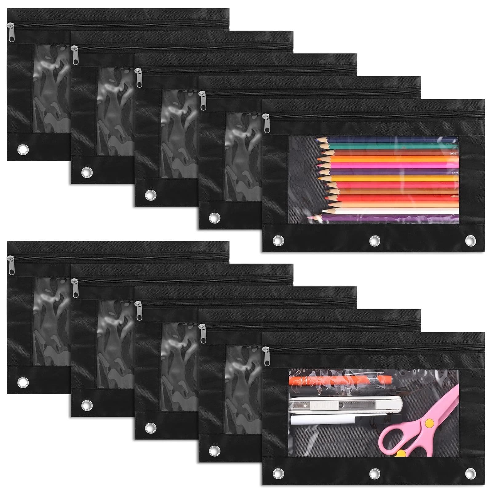 10 pezzi/set astucci per matite neri, astucci per matite a 3 fori con cerniere, astucci per matite in tessuto Oxford impermeabile, astucci neri