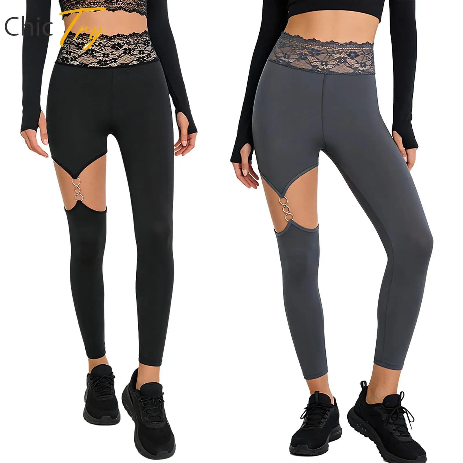 Leggings da Yoga da Donna con Pizzo in Vita, Vita Alta, per Palestra e Fitness, Pantaloni Skinny con Cut-out e Anello a O, Abbigliamento Casual Quotidiano