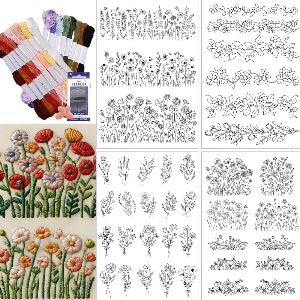 Kit di 4 Fogli con Motivi Floreali da Ricamare, Carta Stabilizzatrice Autoadesiva Idrosolubile con Filo e Aghi per Lavori Artigianali Fai-da-Te