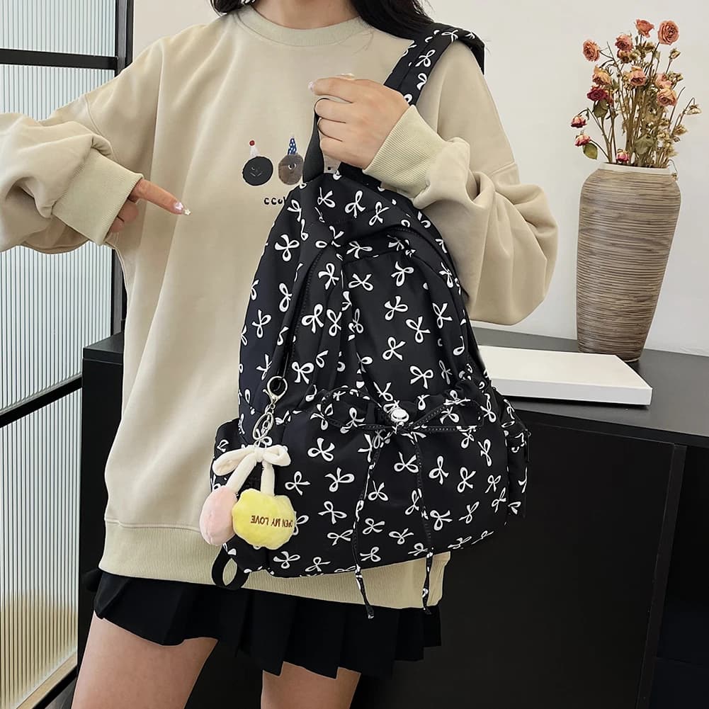 Per donna Zaino con stampa fiocco Borsa da scuola multifunzione Borsa a tracolla multitasche in nylon Zaino per viaggi, lavoro, scuola