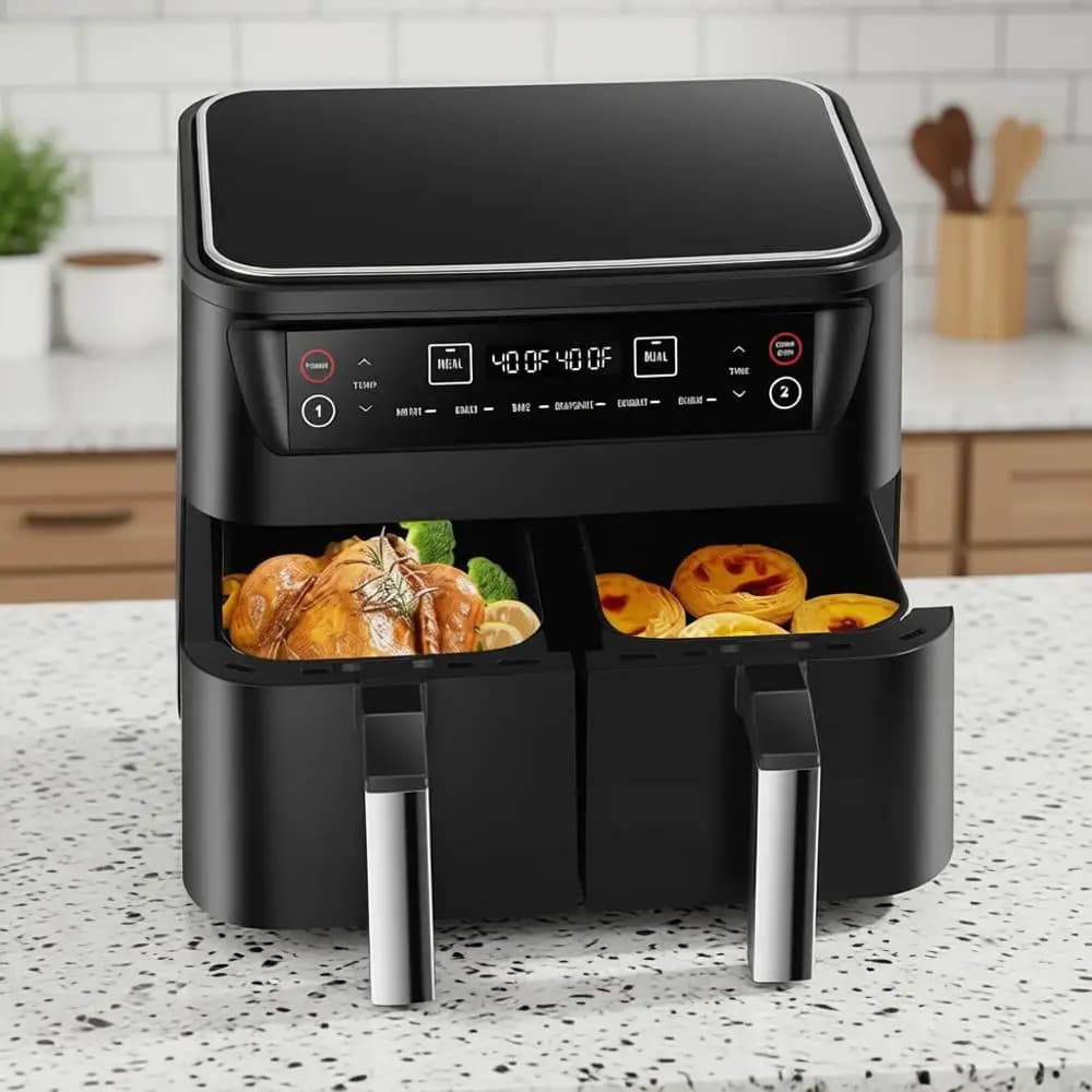 Air Fryer 6 in 1 with Double Zone and 2 Cestelli, 1800W for Frying or roasting, Baking Oven, Dishydrator, Heating Fast Dining
