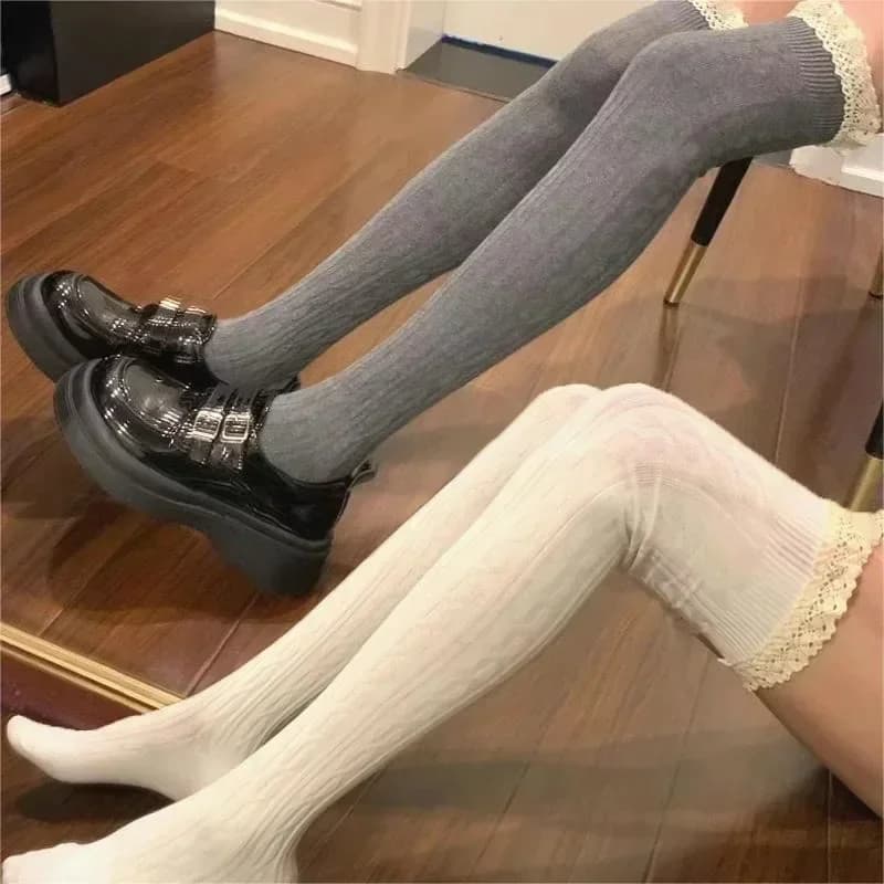 Calze lunghe sexy in pizzo da donna, stile Lolita, sopra il ginocchio, calze a tubo lungo in maglia, calze termiche calde da ragazza